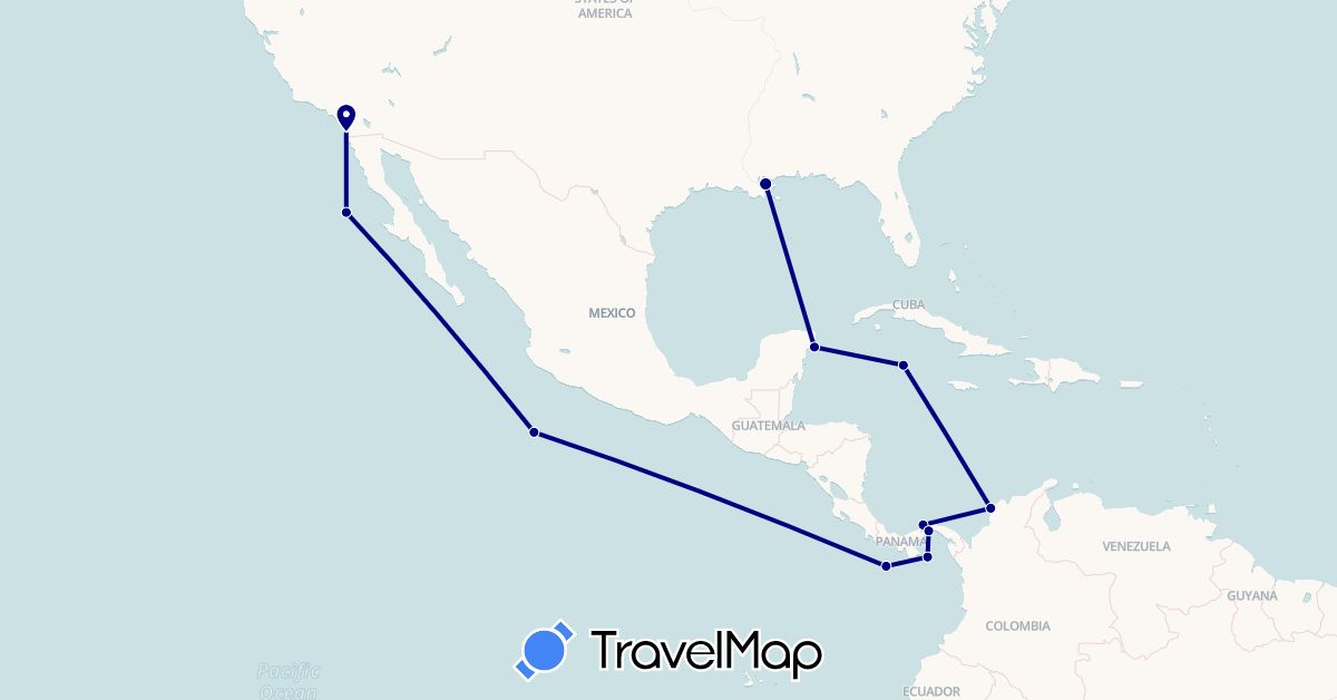 TravelMap itinerary: driving in Colombia, Cayman Islands, Mexico, Panama, United States (North America, South America)